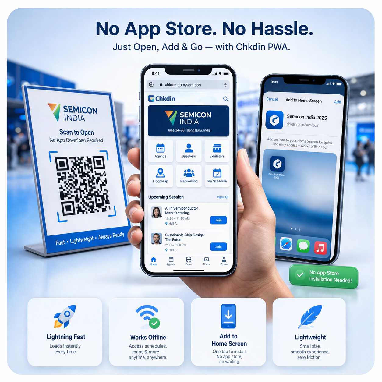 Progressive web app event platform with QR code install and mobile interface